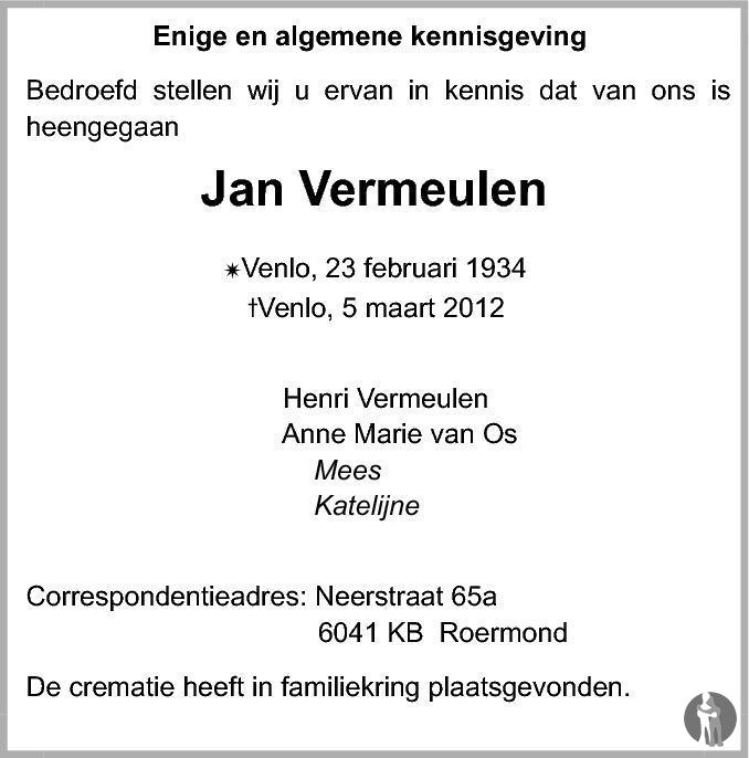 Jan Vermeulen 05032012 overlijdensbericht en condoleances Mensenlinq.nl