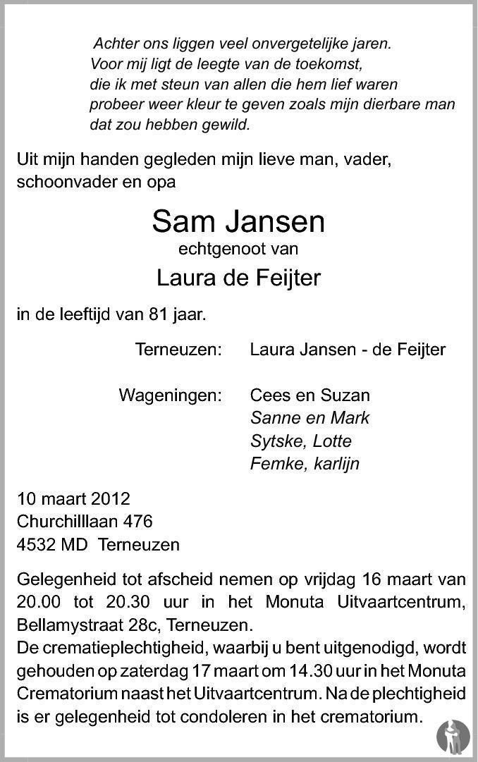 Sam Jansen 10-03-2012 overlijdensbericht en condoleances - Mensenlinq.nl