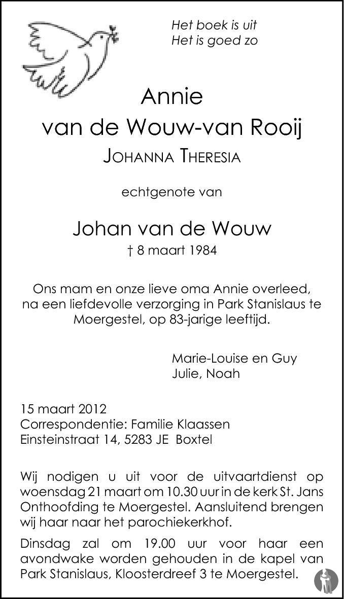 Overlijdensbericht van Johanna Theresia (Annie) van de Wouw - van Rooij in Brabants Dagblad