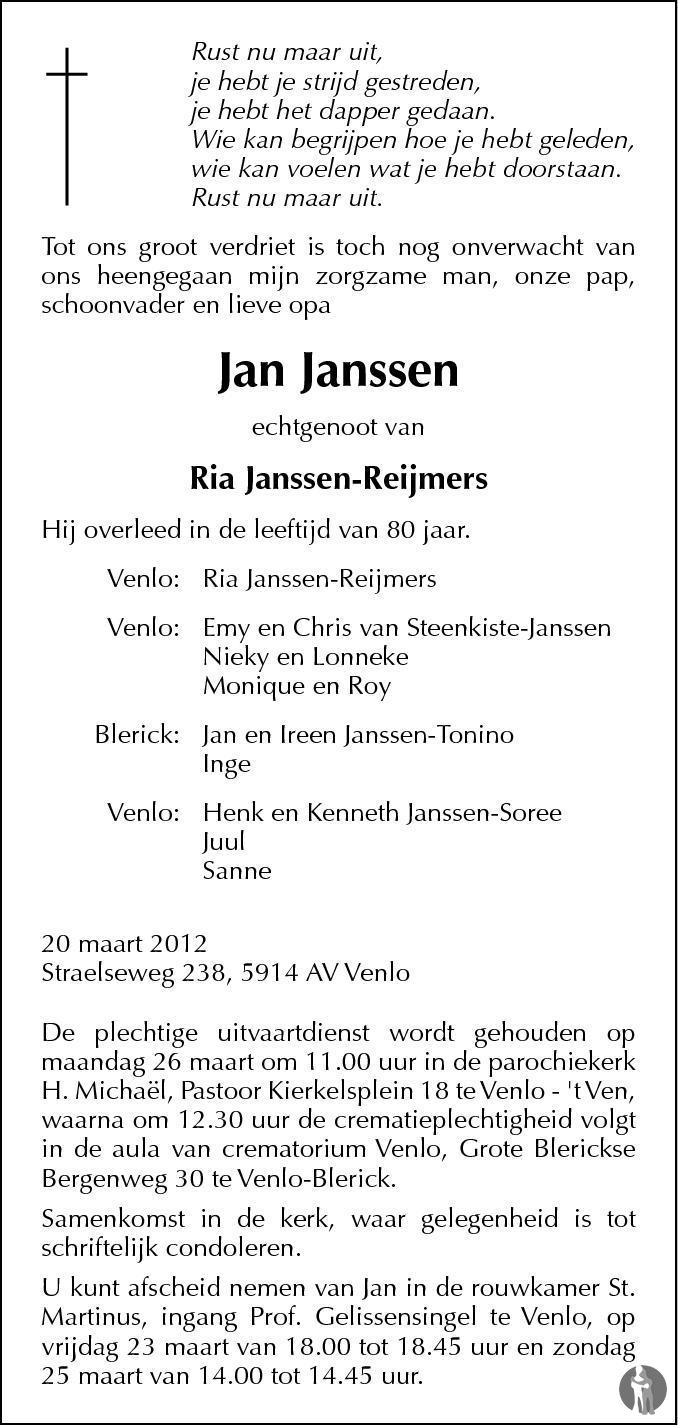 Jan Janssen 20-03-2012 overlijdensbericht en condoleances - Mensenlinq.nl