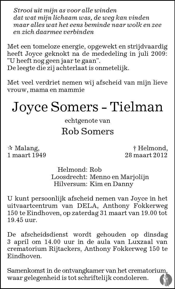 Overlijdensbericht van Joyce Somers - Tielman in Eindhovens Dagblad