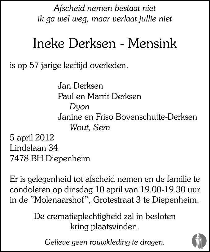 Ineke Derksen - Mensink 05-04-2012 overlijdensbericht en condoleances ...