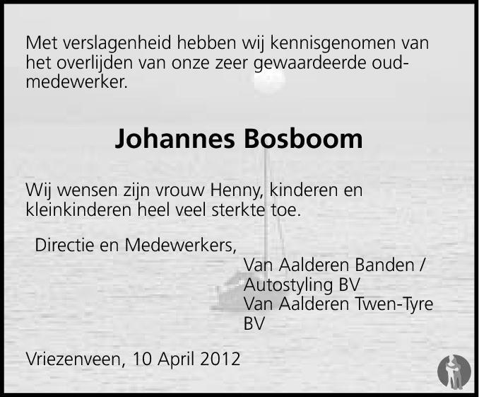 gemakkelijk leerling uitlaat Johannes Bosboom ✝ 07-04-2012 overlijdensbericht en condoleances -  Mensenlinq.nl