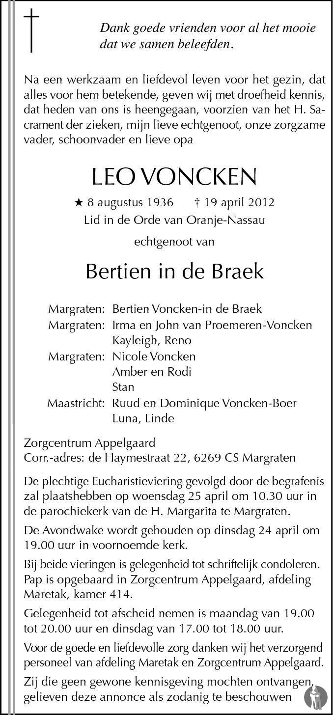 Leo Voncken 19-04-2012 overlijdensbericht en condoleances - Mensenlinq.nl