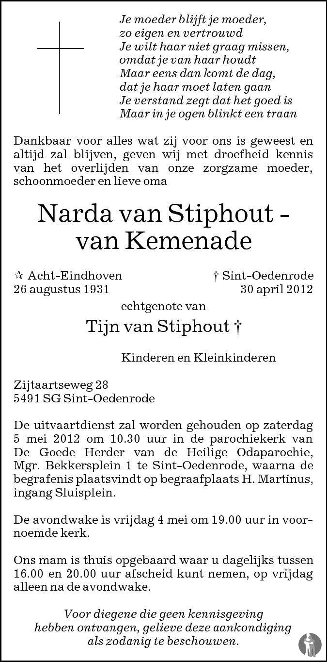 Narda van Stiphout van Kemenade 30042012 overlijdensbericht en