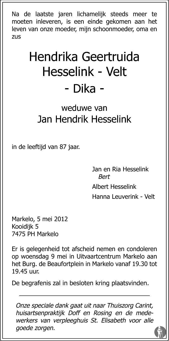 Hendrika Geertruida (Dika) Hesselink - Velt 05-05-2012 ...