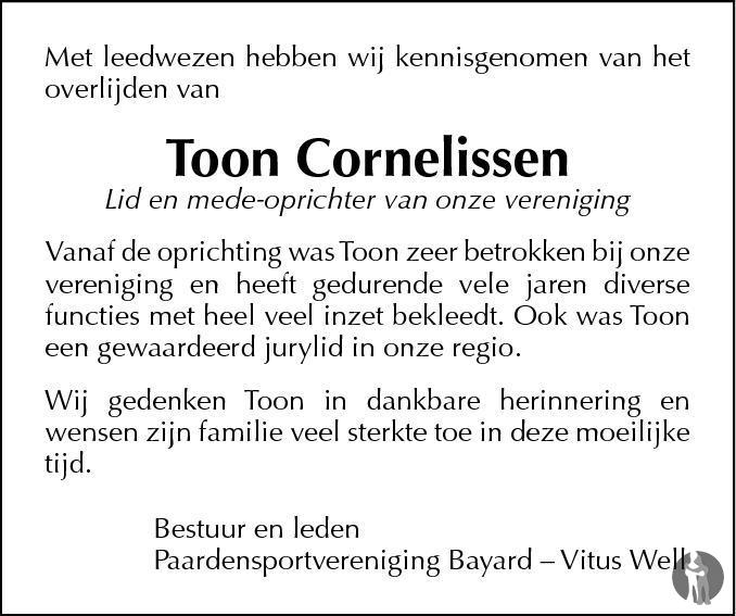 Toon Cornelissen 03052012 overlijdensbericht en condoleances