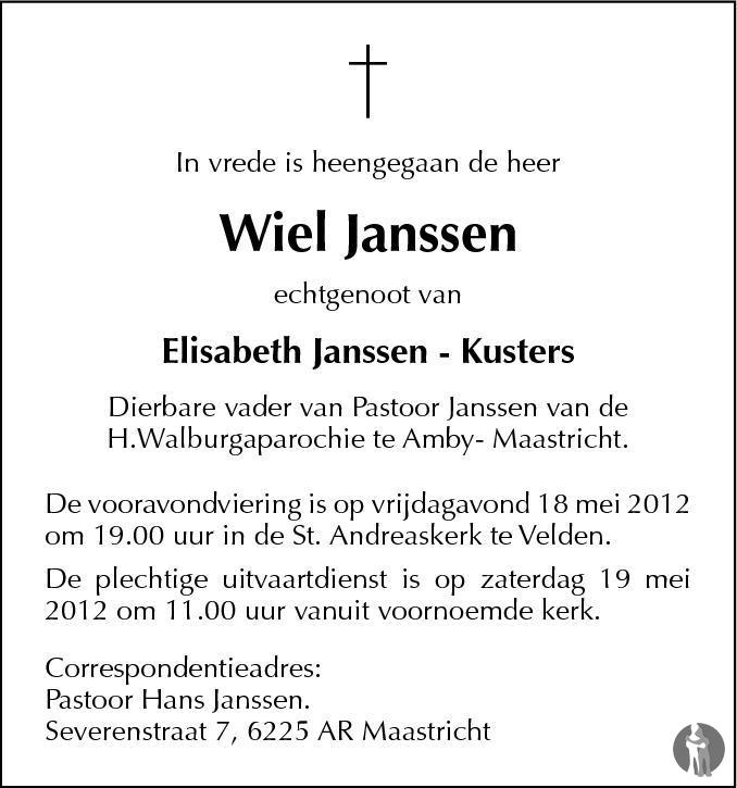 Wiel Janssen 15-05-2012 overlijdensbericht en condoleances - Mensenlinq.nl