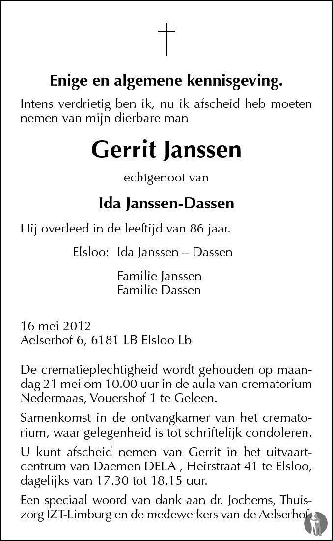 Gerrit Janssen 16-05-2012 overlijdensbericht en condoleances ...