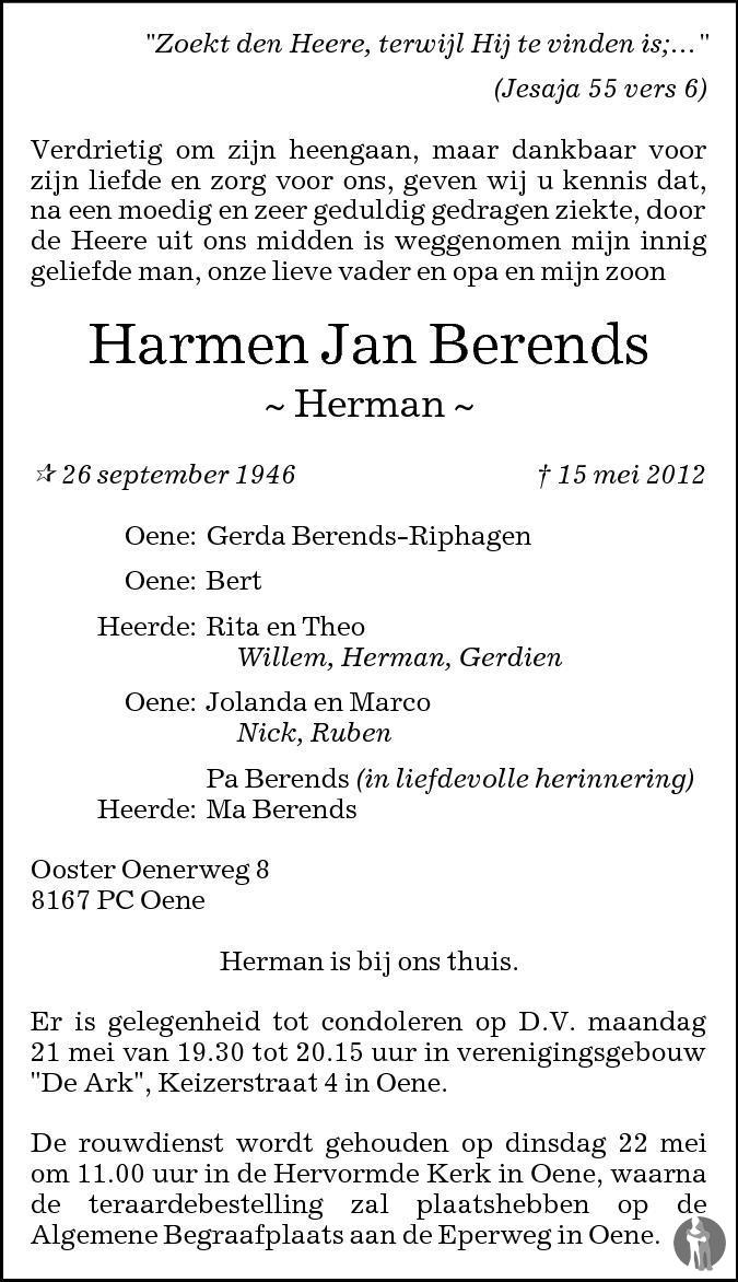 Harmen Jan (Herman) Berends 15-05-2012 overlijdensbericht en ...