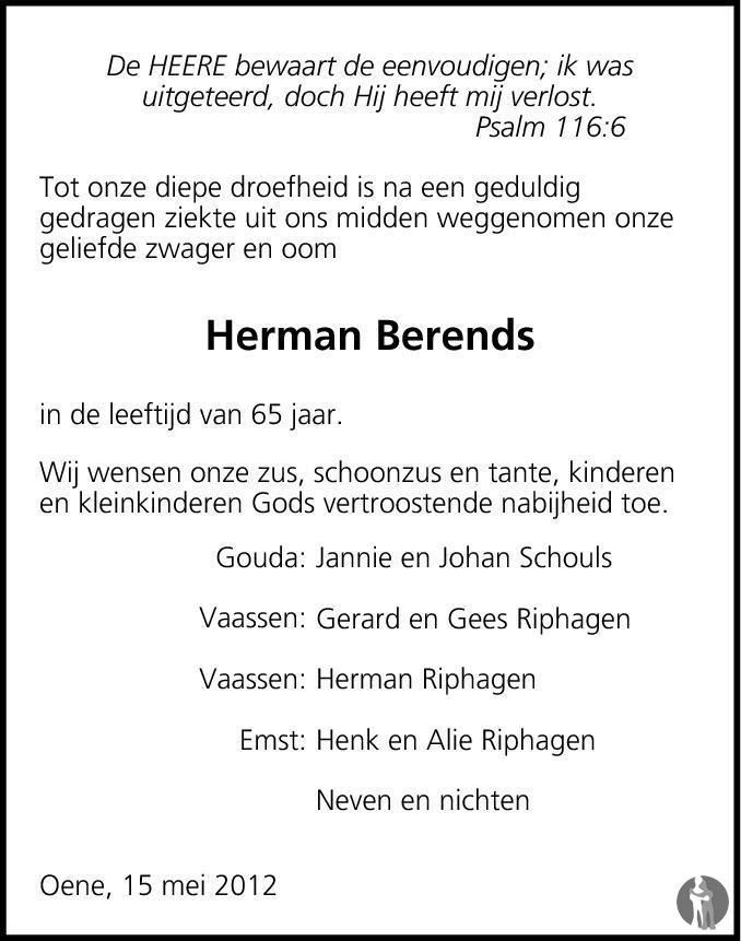 Harmen Jan (Herman) Berends 15-05-2012 overlijdensbericht en ...