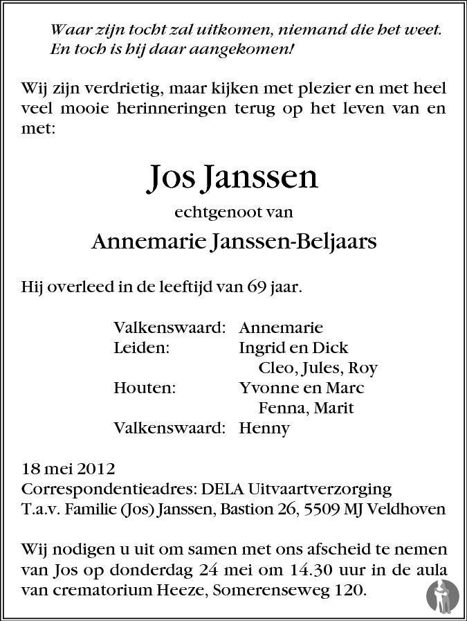 Jos Janssen 18-05-2012 overlijdensbericht en condoleances - Mensenlinq.nl