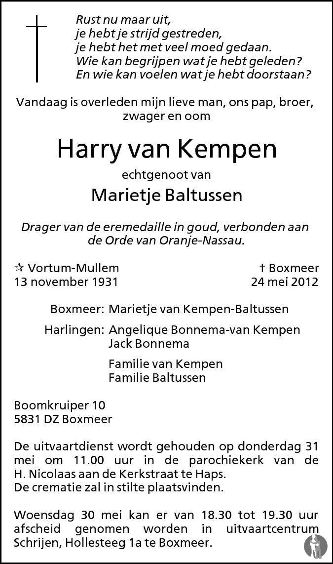 Harry van Kempen 24-05-2012 overlijdensbericht en condoleances ...