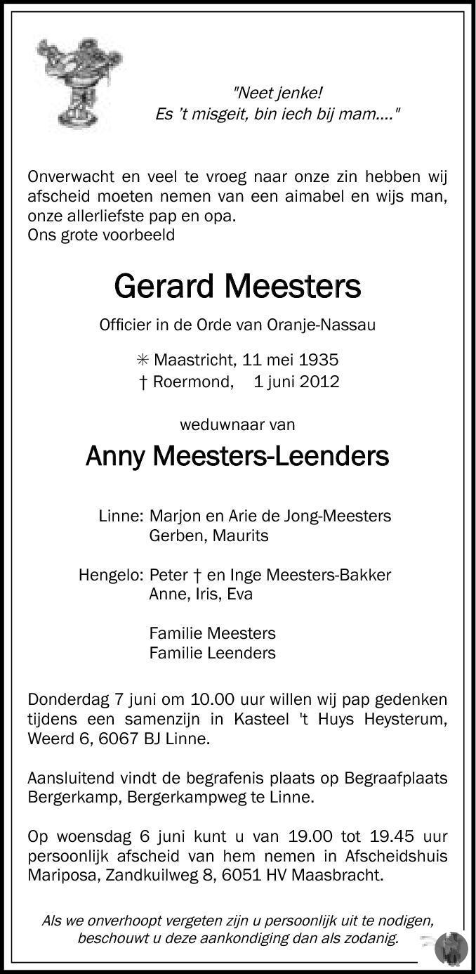 Gerard Meesters 01-06-2012 Overlijdensbericht En Condoleances ...