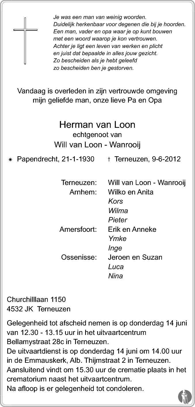 Herman Van Loon 09-06-2012 Overlijdensbericht En Condoleances 