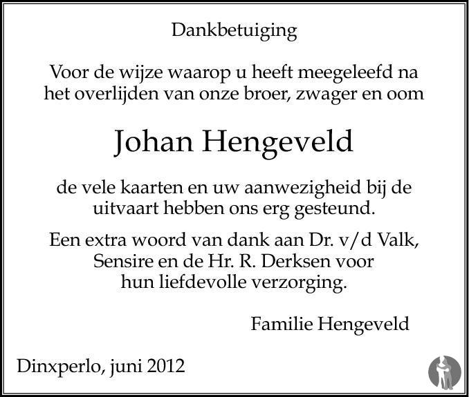 Arend Johan (Johan) Hengeveld 19052012 overlijdensbericht en