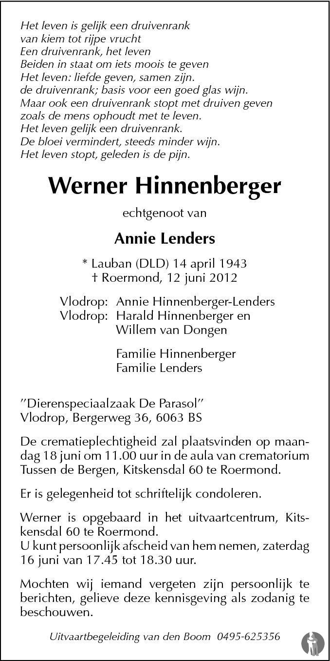 blootstelling Troosteloos Christendom Werner Hinnenberger ✝ 12-06-2012 overlijdensbericht en condoleances -  Mensenlinq.nl
