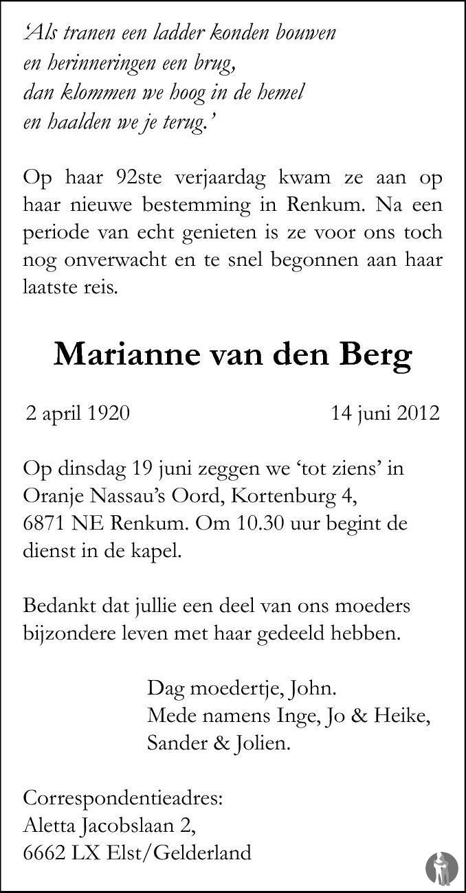 Marianne van den Berg 14062012 overlijdensbericht en condoleances Mensenlinq.nl Marianne van den Berg 14062012 overlijdensbericht en condoleances Mensenlinq.nl