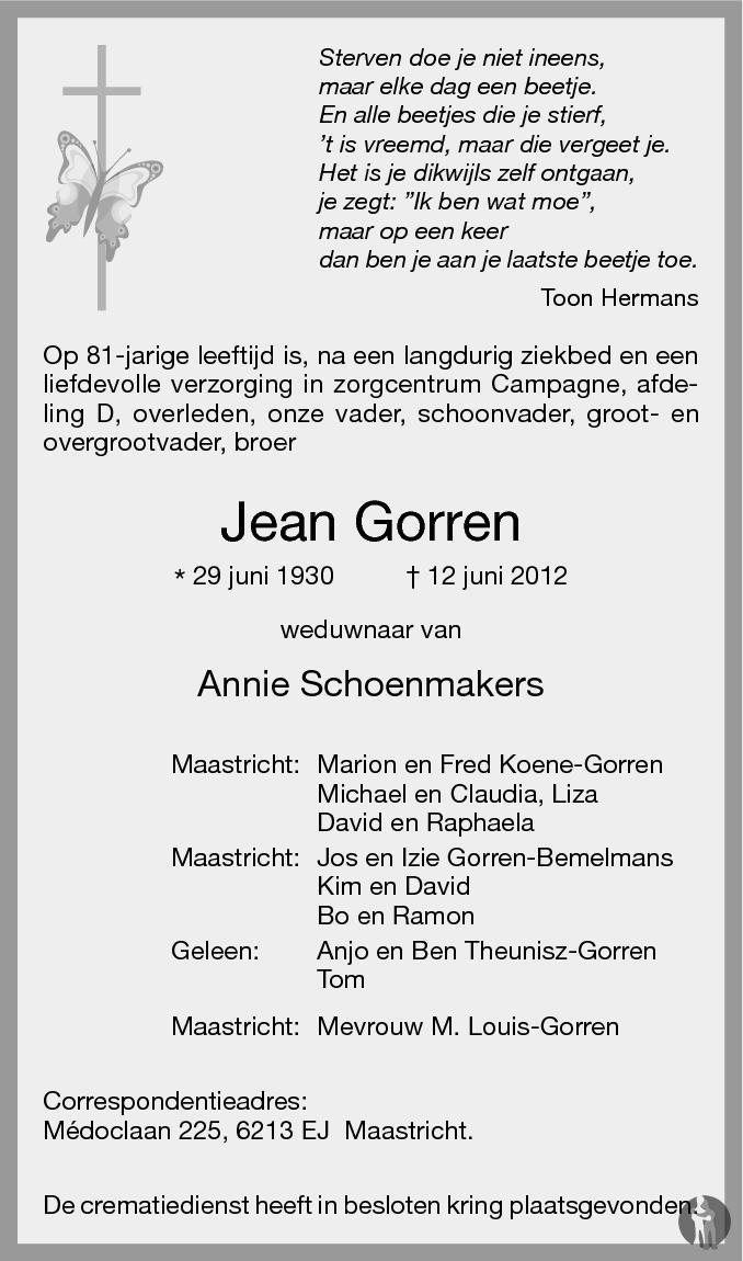 Jean Gorren 12062012 overlijdensbericht en condoleances Mensenlinq.nl