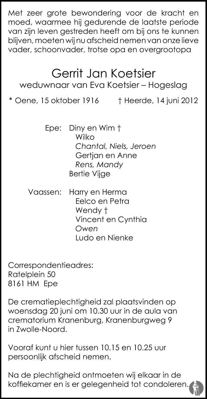 Gerrit Jan Koetsier 14-06-2012 overlijdensbericht en condoleances