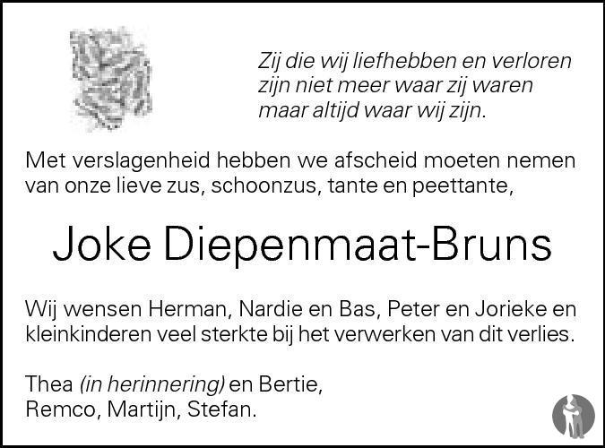 Overlijdensbericht van Joke Diepenmaat - Bruns in Tubantia