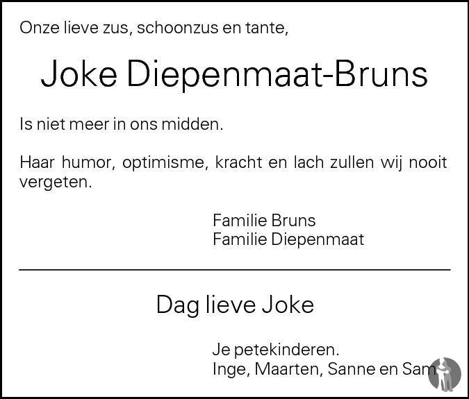 Overlijdensbericht van Joke Diepenmaat - Bruns in Tubantia
