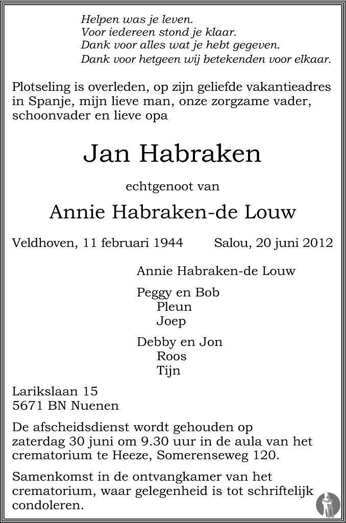 Jan Habraken 20-06-2012 overlijdensbericht en condoleances - Mensenlinq.nl