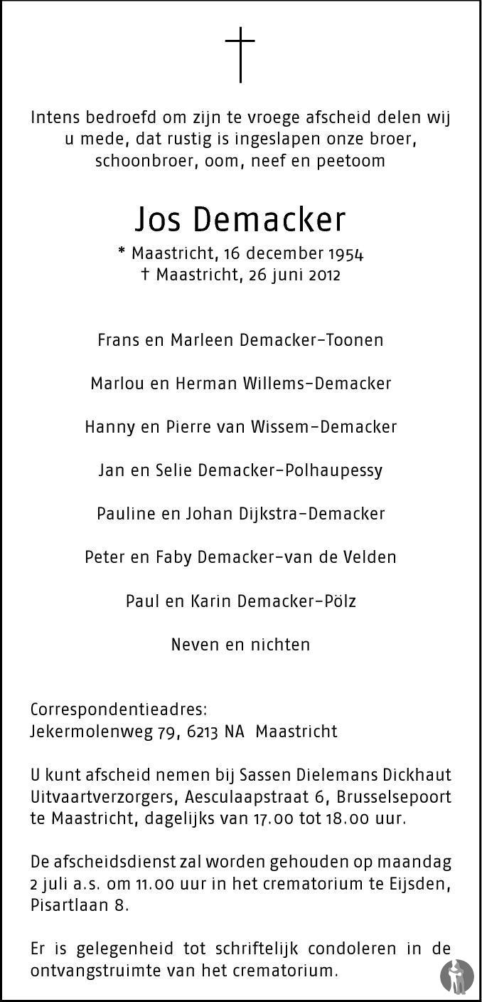 Jos Demacker 26062012 overlijdensbericht en condoleances Mensenlinq.nl