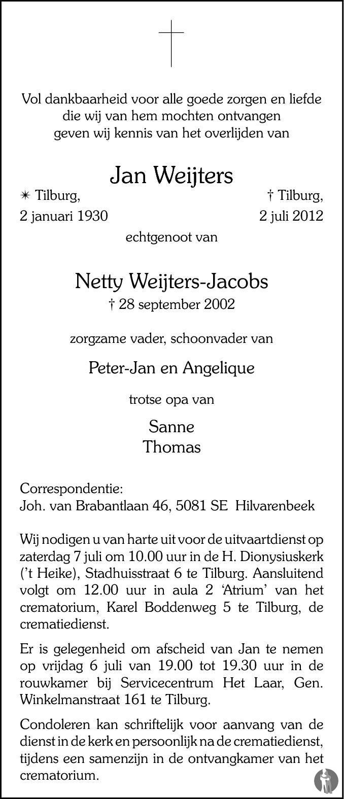 Jan Weijters 02-07-2012 overlijdensbericht en condoleances - Mensenlinq.nl