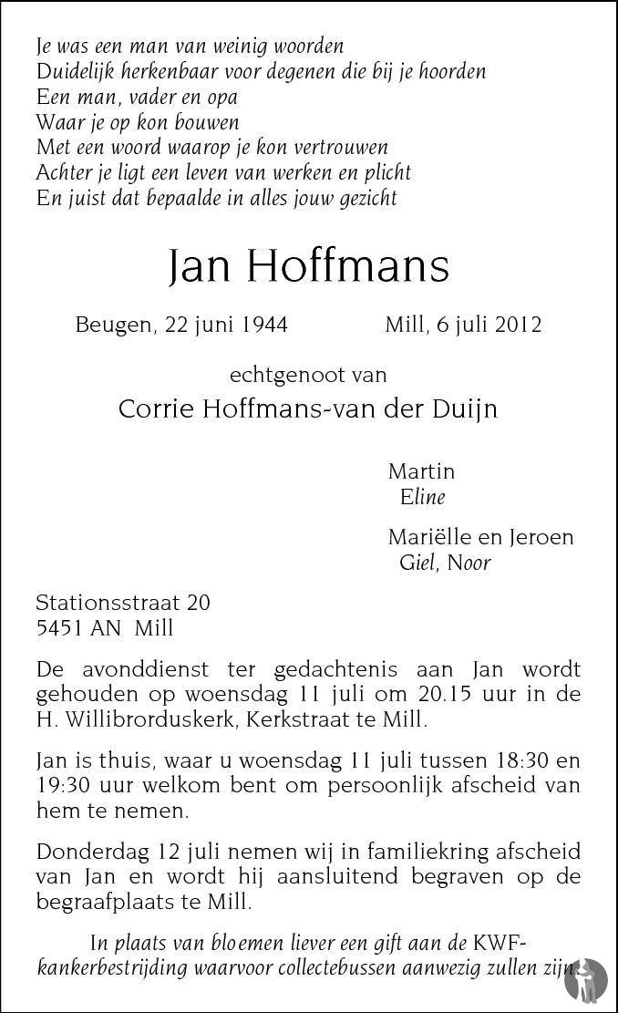 Jan Hoffmans 06072012 overlijdensbericht en condoleances Mensenlinq.nl