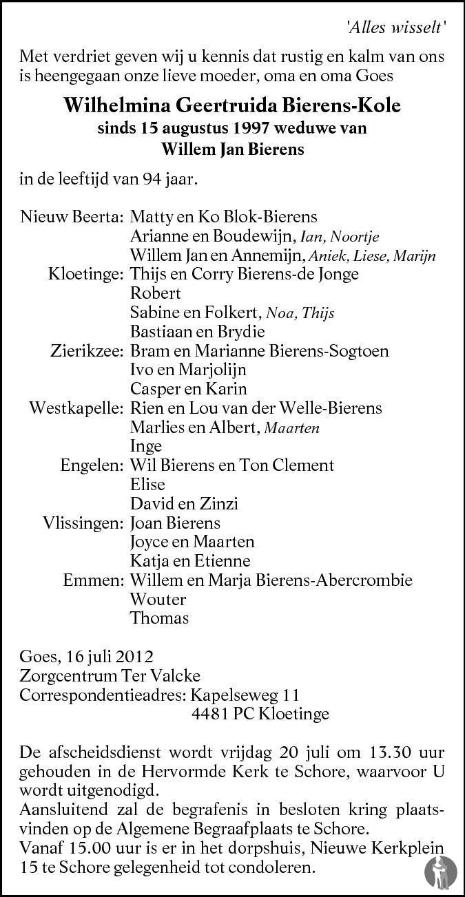 Wilhelmina Geertruida Bierens - Kole 16-07-2012 Overlijdensbericht En ...