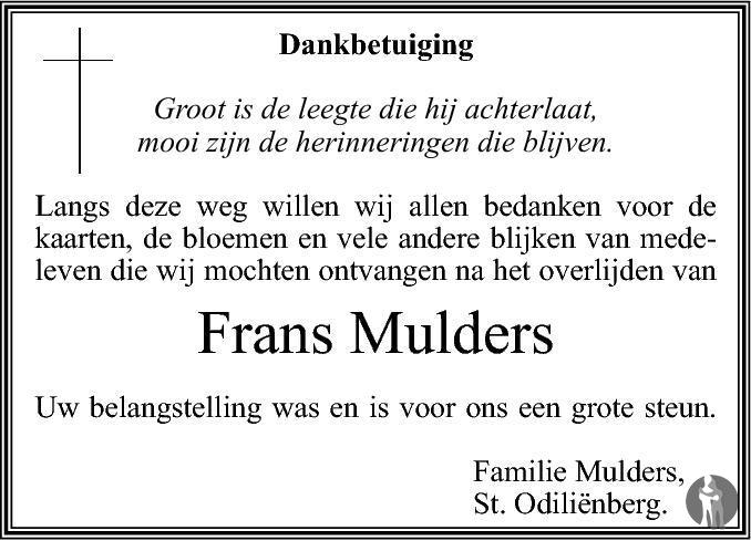 Frans Mulders 05062012 overlijdensbericht en condoleances Mensenlinq.nl