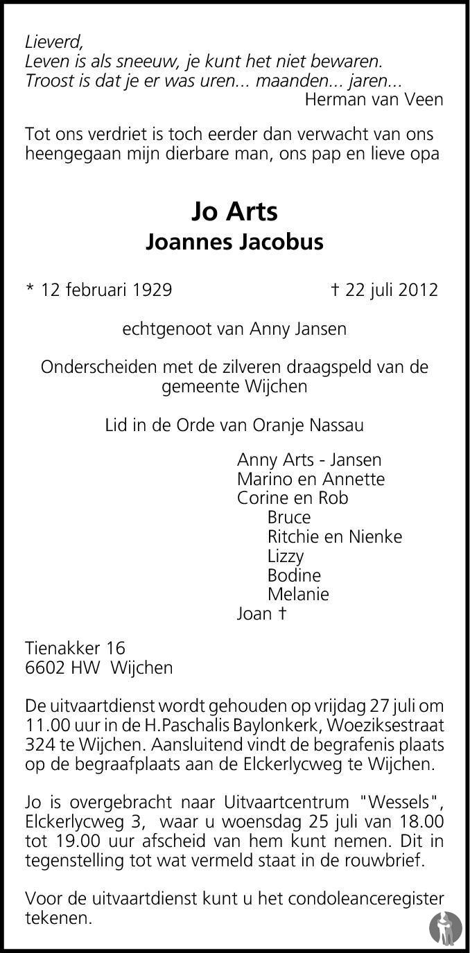 Joannes Jacobus (Jo) Arts 22072012 overlijdensbericht en condoleances