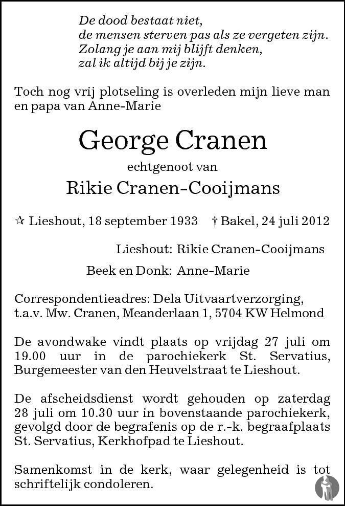 George Cranen 24072012 overlijdensbericht en condoleances  Mensenlinq.nl