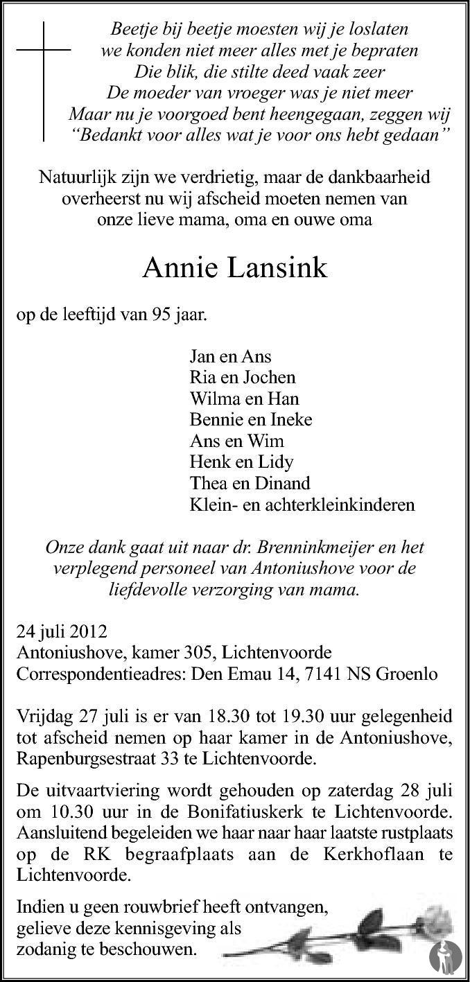 Annie Lansink 24-07-2012 overlijdensbericht en condoleances - Mensenlinq.nl