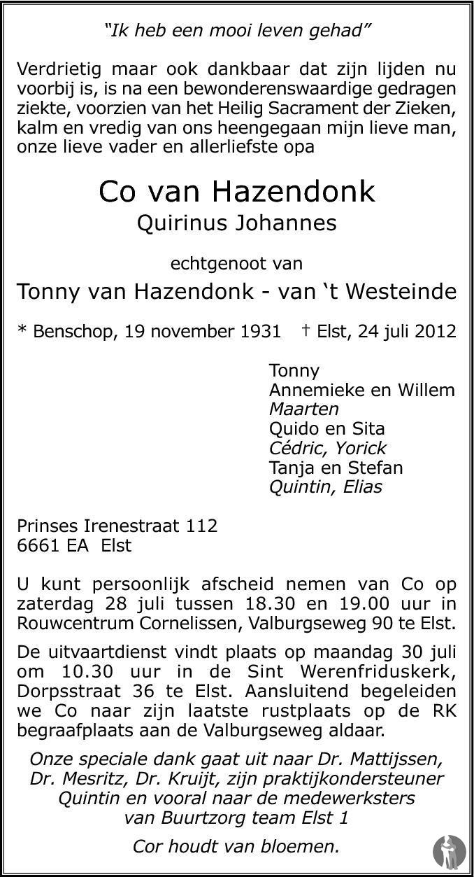 Quirinus Johannes (Co) van Hazendonk ✝ 24-07-2012 overlijdensbericht en  condoleances - Mensenlinq.nl