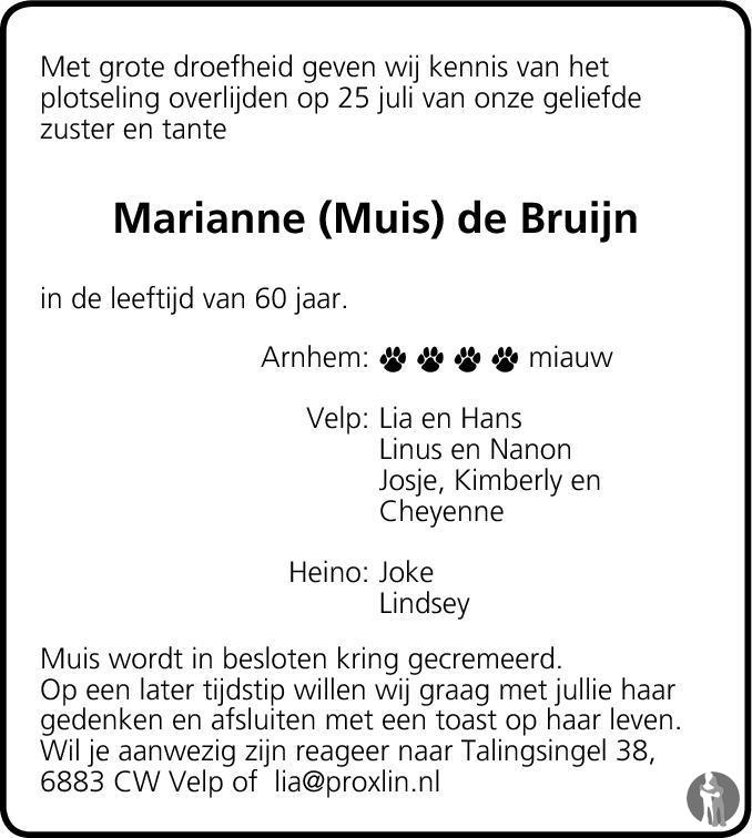 Marianne (Muis) de Bruijn 25072012 overlijdensbericht en condoleances