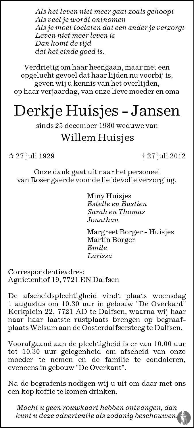 Derkje Huisjes - Jansen 27-07-2012 overlijdensbericht en condoleances ...