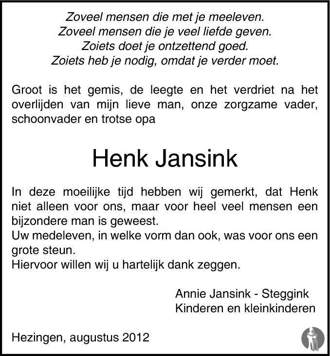 Hendrikus Franciscus (Henk) Jansink 04-07-2012 overlijdensbericht en ...