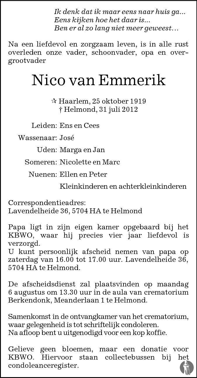 Nico Van Emmerik 31 07 2012 Overlijdensbericht En Condoleances Mensenlinq Nl