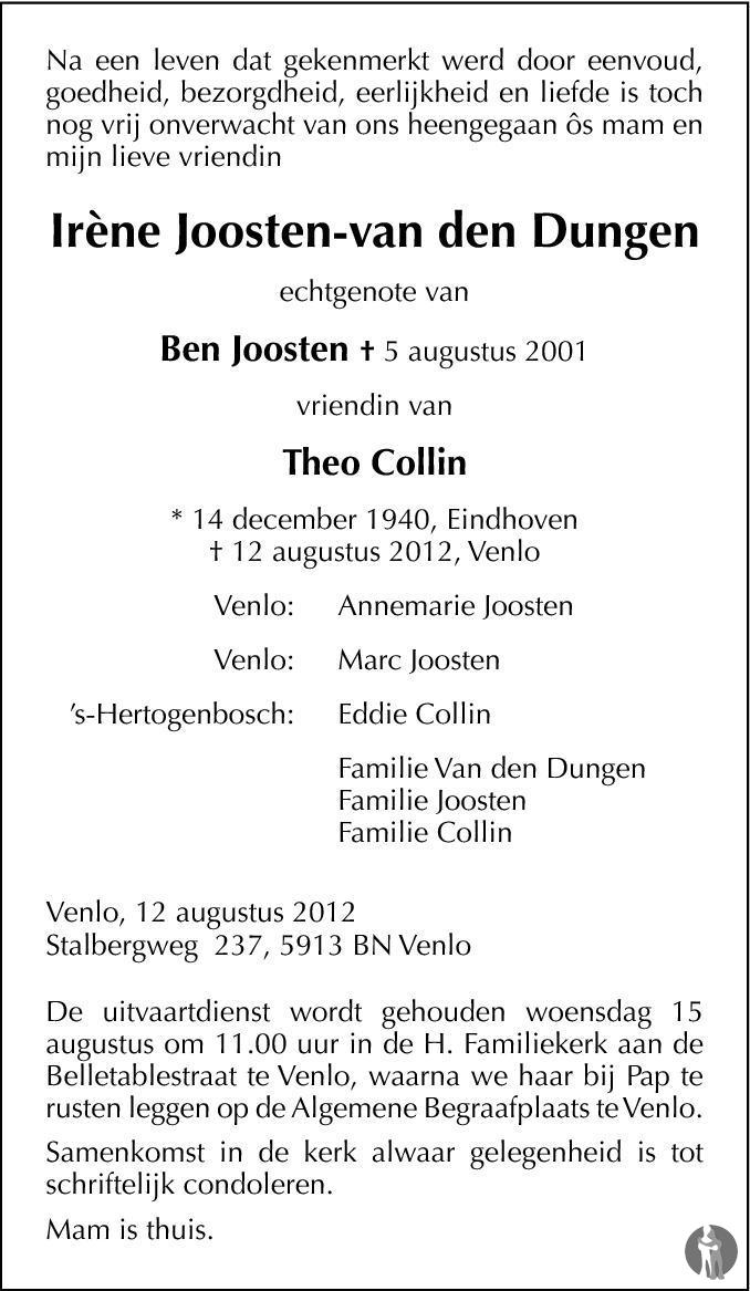 Irène Joosten - van den Dungen ✝ 12-08-2012 overlijdensbericht en  condoleances - Mensenlinq.nl