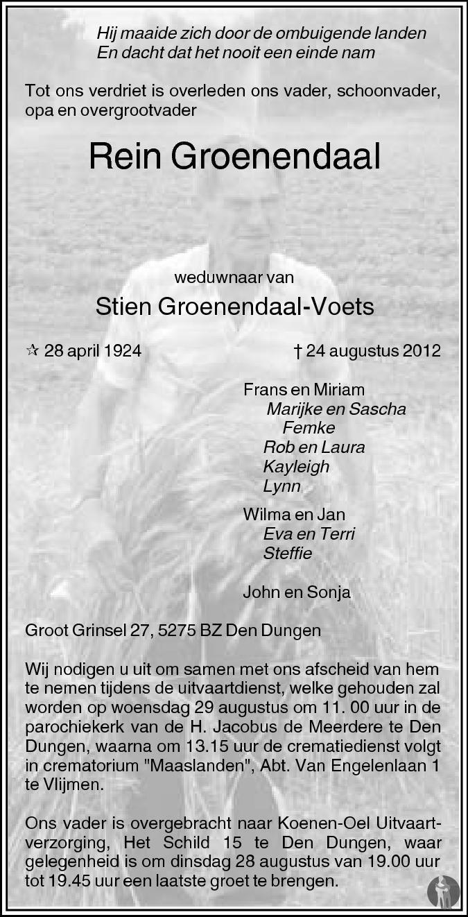 Rein Groenendaal 24082012 overlijdensbericht en condoleances