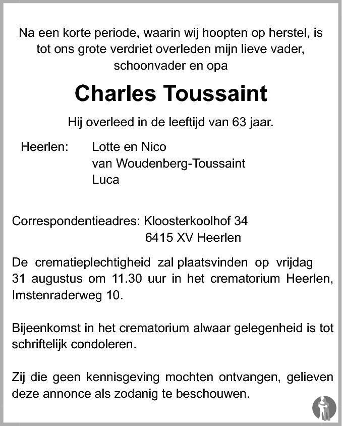 Charles Toussaint 26082012 overlijdensbericht en condoleances