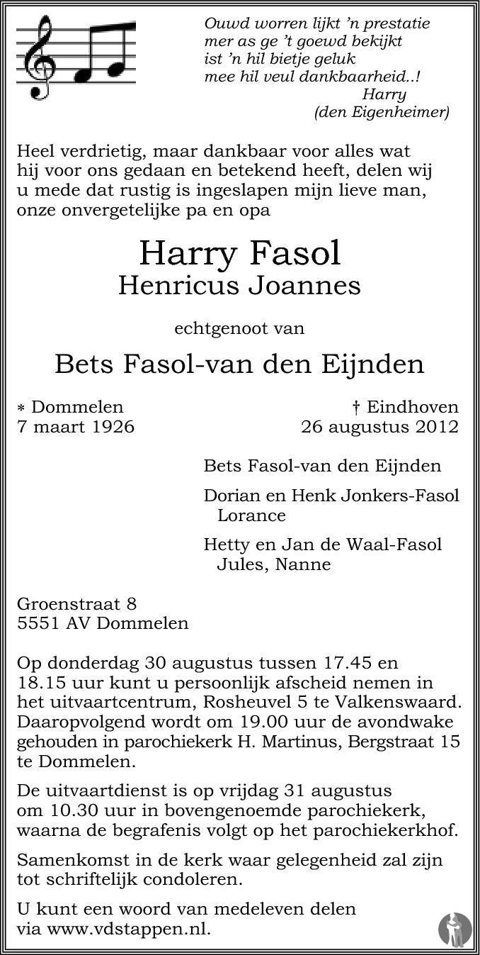 Overlijdensbericht van Henricus Joannes (Harry)  Fasol in Eindhovens Dagblad