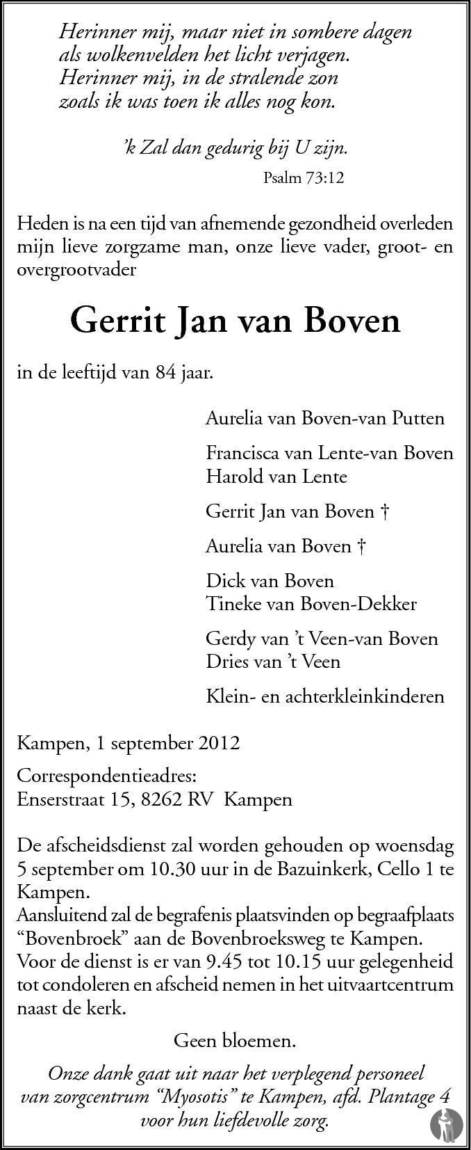 Gerrit Jan van Boven 01-09-2012 overlijdensbericht en condoleances ...