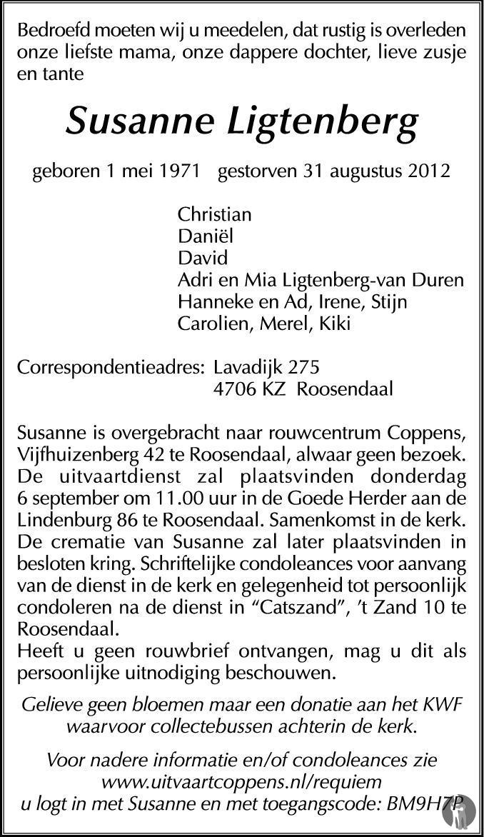 Susanne Ligtenberg 31082012 overlijdensbericht en condoleances