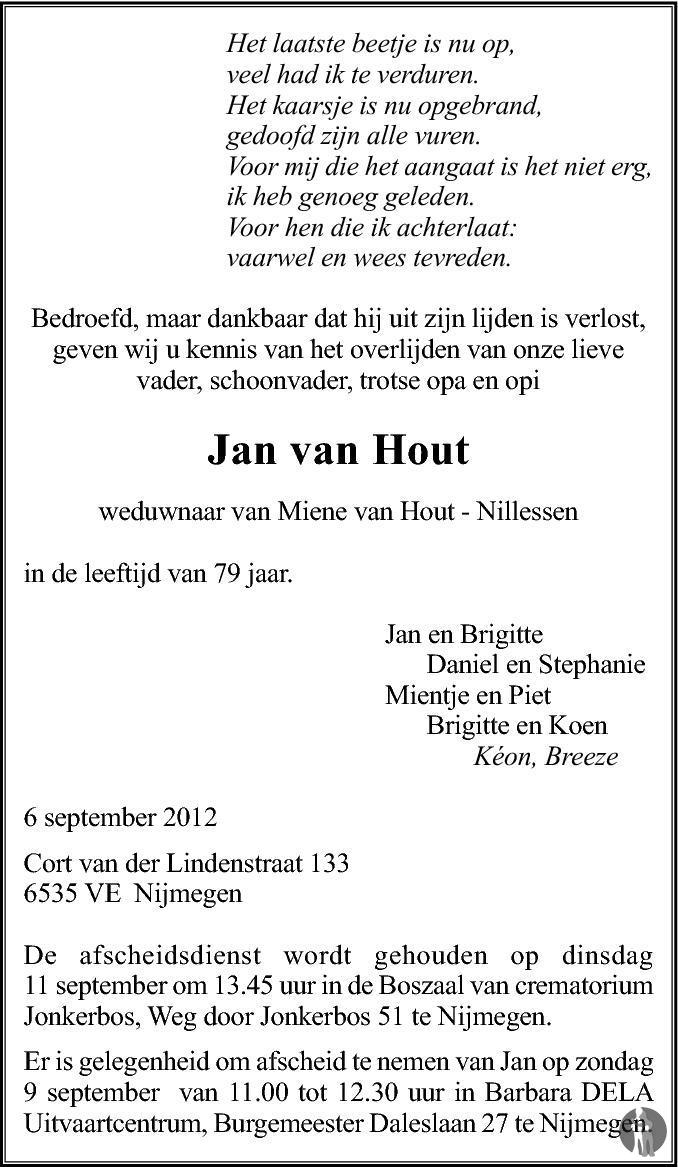 Jan van Hout 06-09-2012 overlijdensbericht en condoleances - Mensenlinq.nl