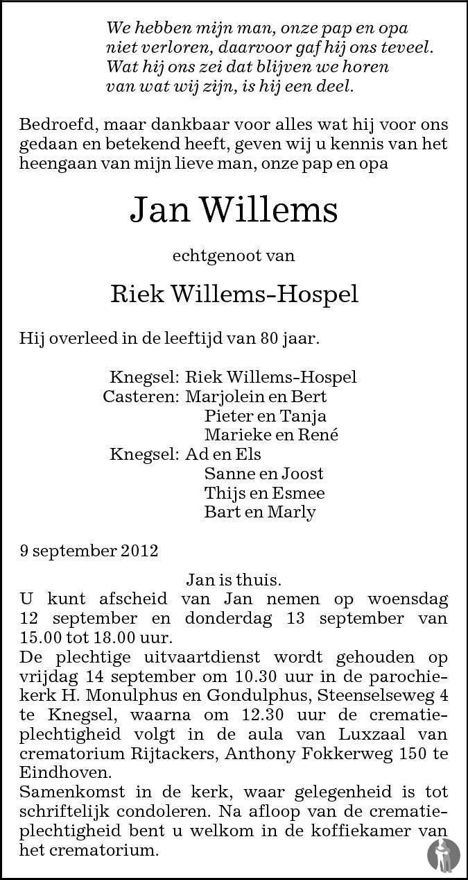 Jan Willems 09-09-2012 overlijdensbericht en condoleances - Mensenlinq.nl