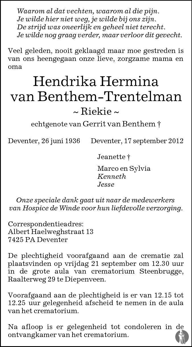 Hendrika Hermina (Riekie) van Benthem Trentelman 17092012