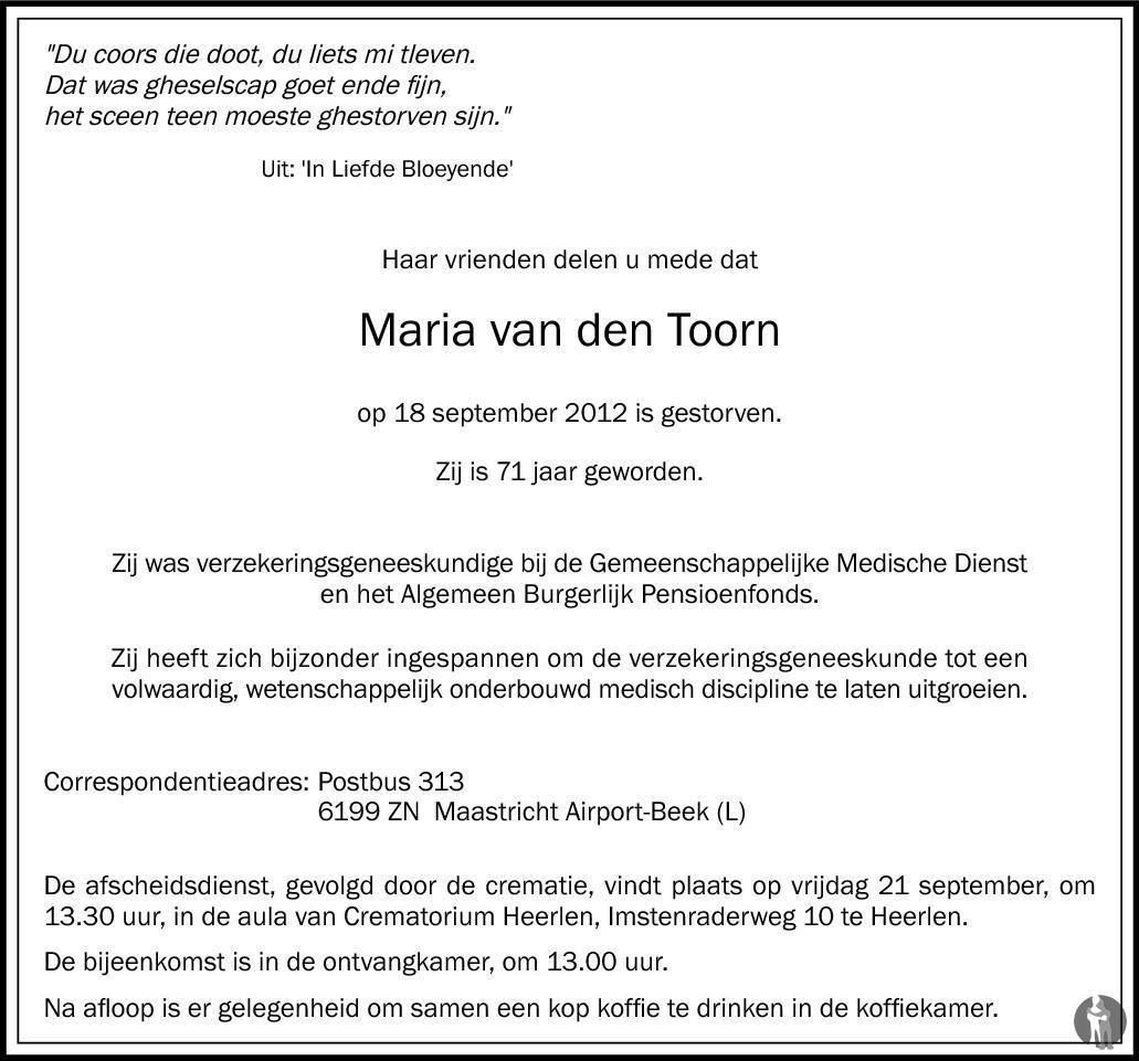 Maria Van Den Toorn 18 09 2012 Overlijdensbericht En Condoleances Mensenlinqnl 